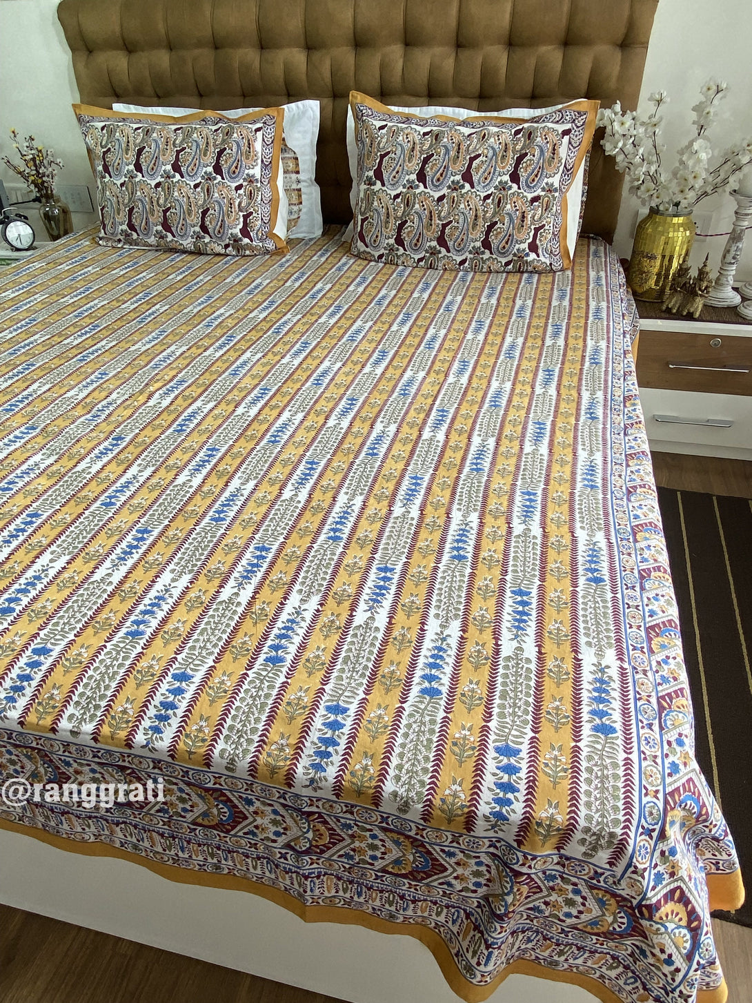 Jaipuri Cotton Mustard Yellow Stripe Blue Floral Bedsheet King Size For Double Bed