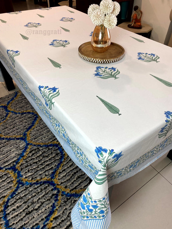 Ocean Blue Floral Table Cover Cloth 8 Seater Dining Table Rectangular