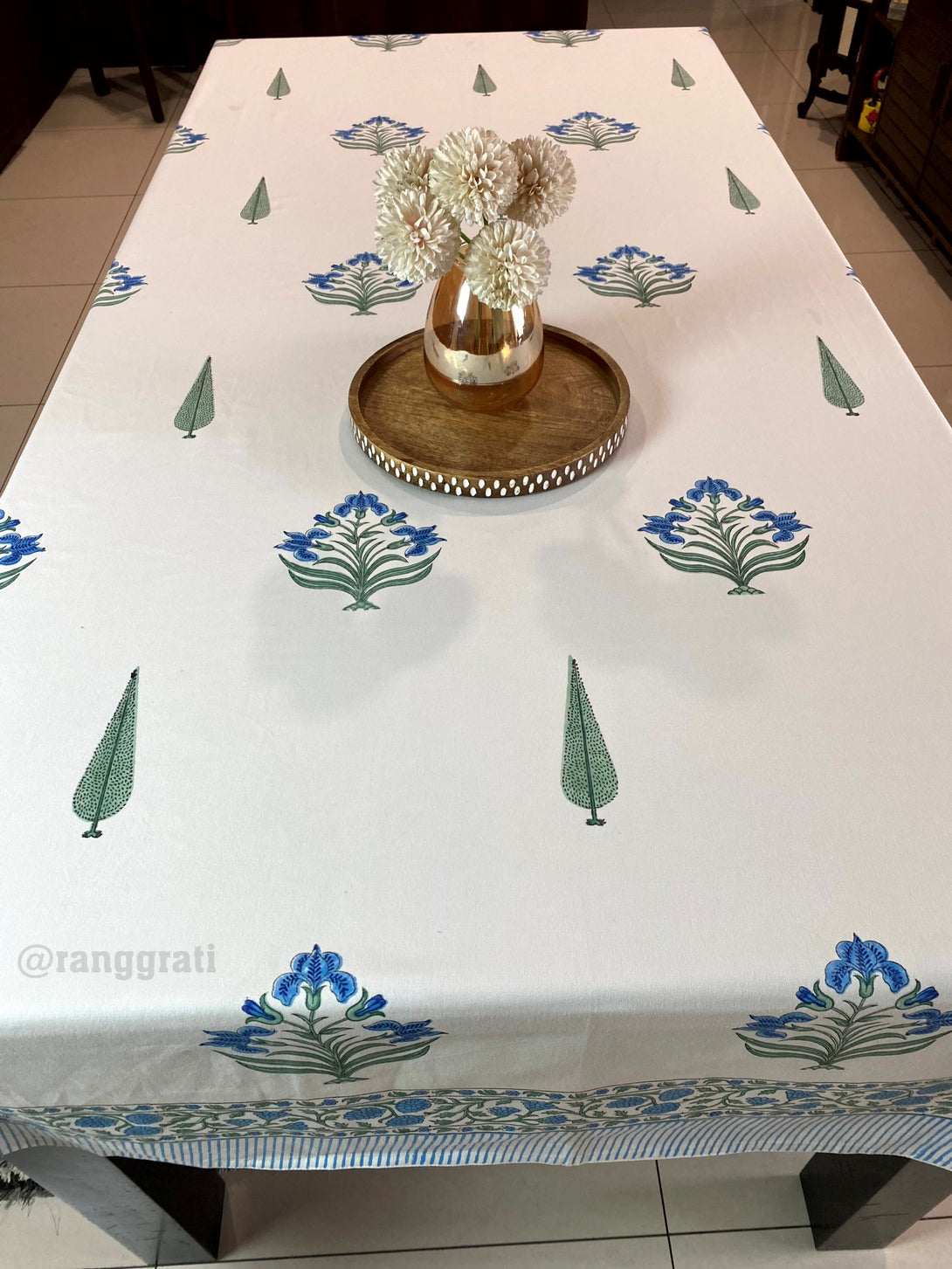 Rectangular Ocean Blue Floral Table Cover for 8-Seater Dining Table