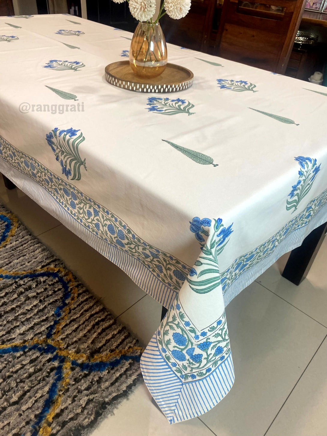 8-Seater Rectangular Dining Table Cover – Ocean Blue Floral Design