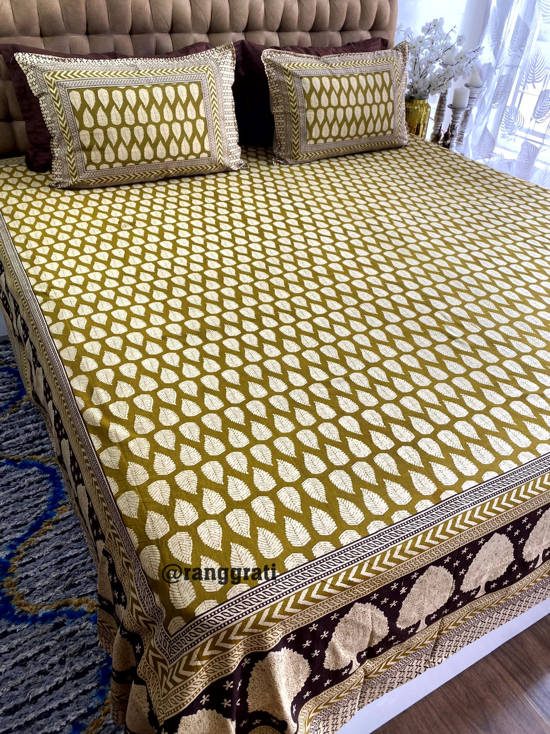 King Size Olive Brown Leaves Jaipuri Cotton Bedsheet