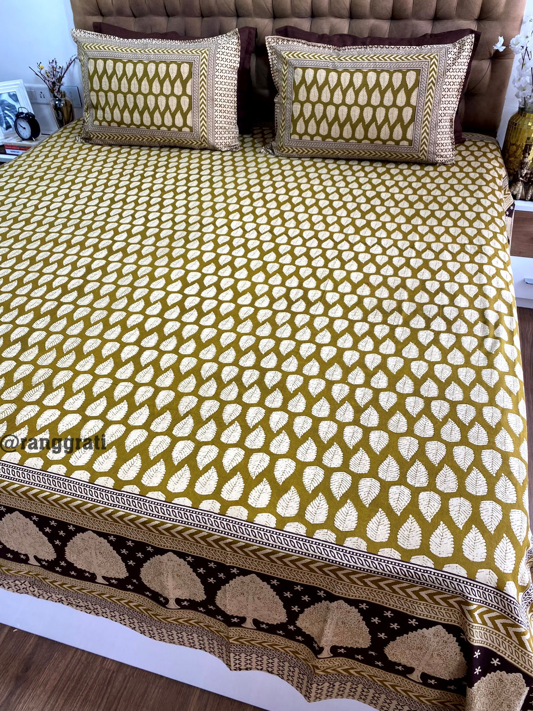 King Size Jaipuri Cotton Olive Brown Leaves Bedsheet 