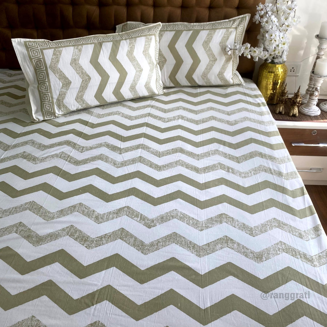 Olive Green Chevron Jaipuri Cotton Bedsheet Queen Size