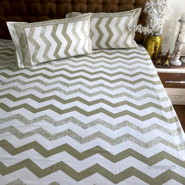 Olive Green Chevron Jaipuri Cotton Bedsheet Queen Size