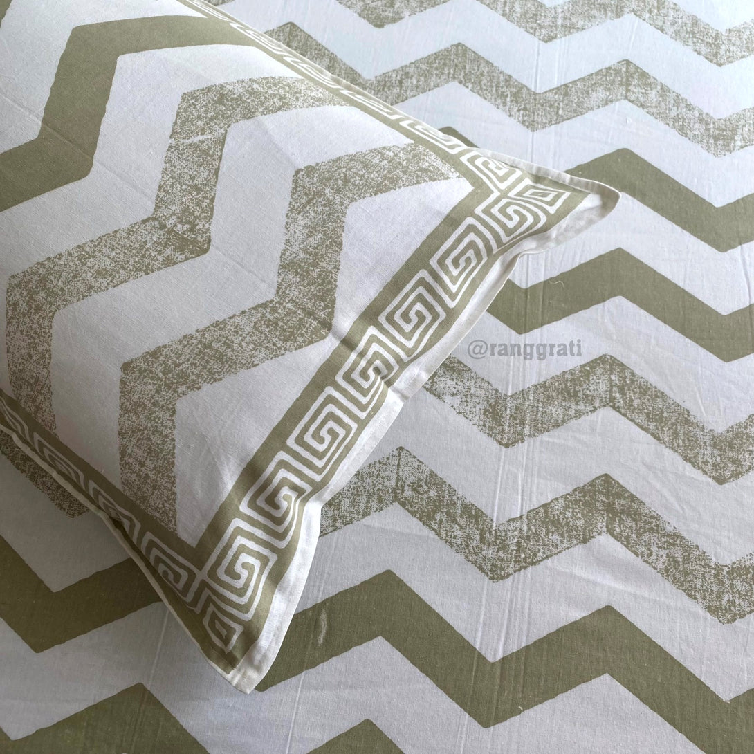 Queen Size Olive Green Chevron Jaipuri Cotton Bedsheet
