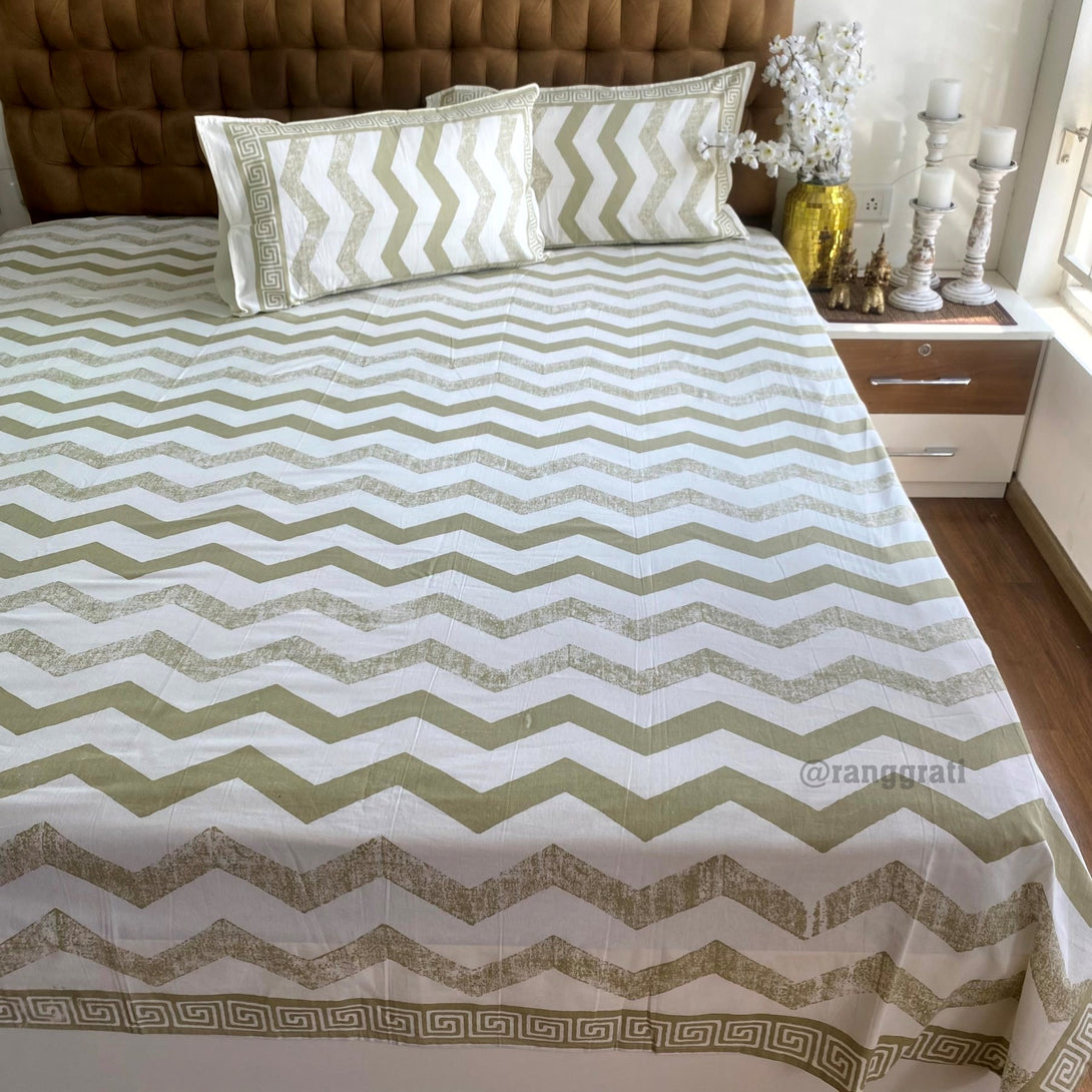 Olive Green Chevron Jaipuri Cotton Bedsheet 