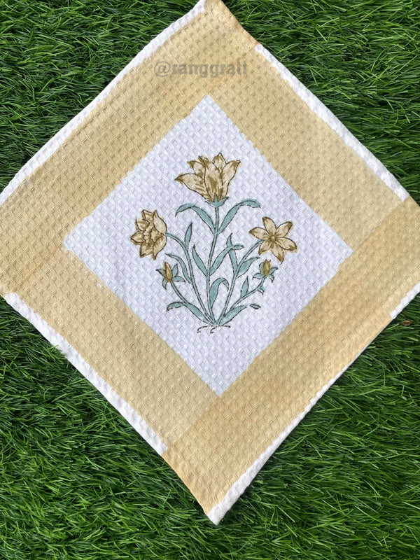 Olive Floral Face Towel Hand Block Printed Pure Cotton - Face Towel