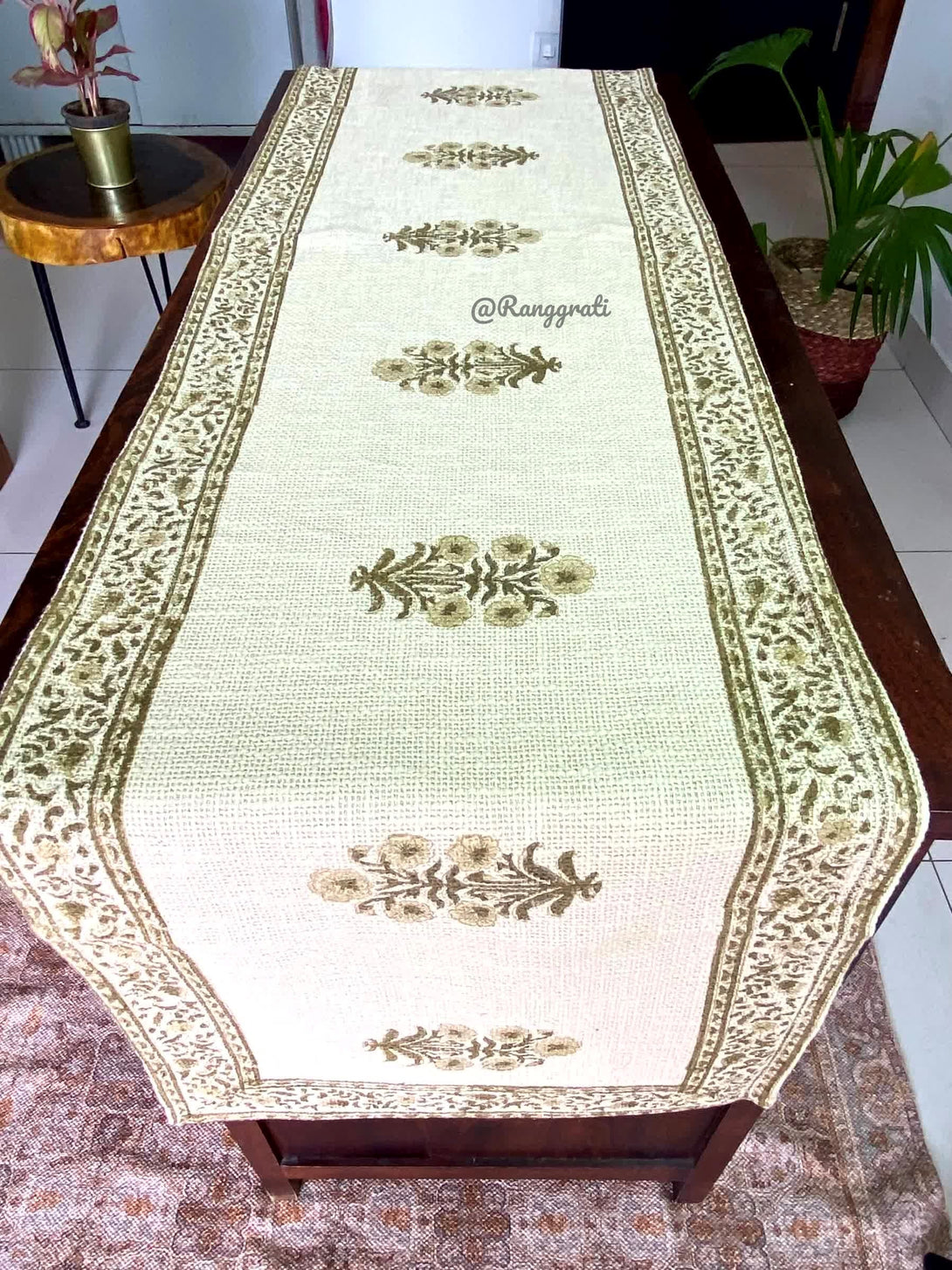 Olive Green Floral Jute Cotton Table Runner For 6 Seater Dining Table - Table Runner