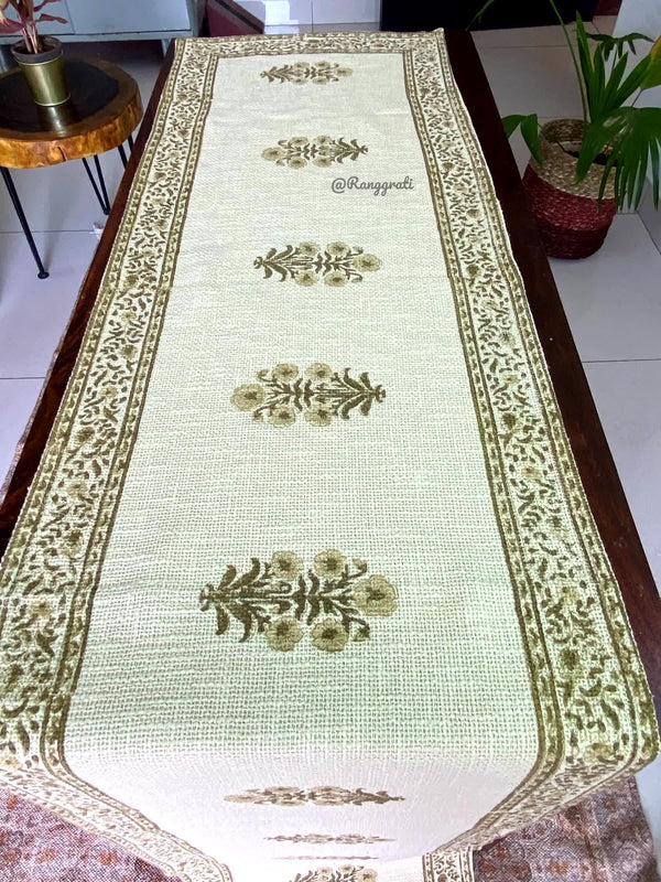Olive Green Floral Jute Cotton Table Runner For 6 Seater Dining Table - Table Runner