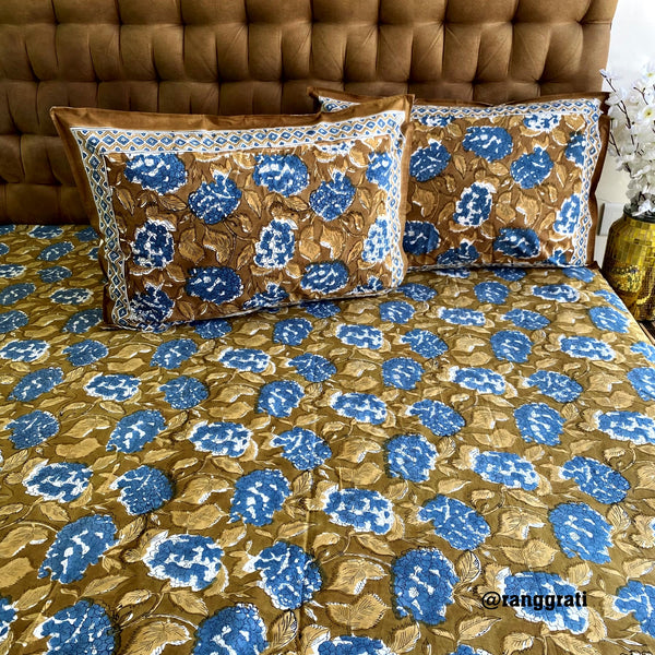 Olive Green Floral King Size 250 TC Bedsheet Pure Cotton Hand Block