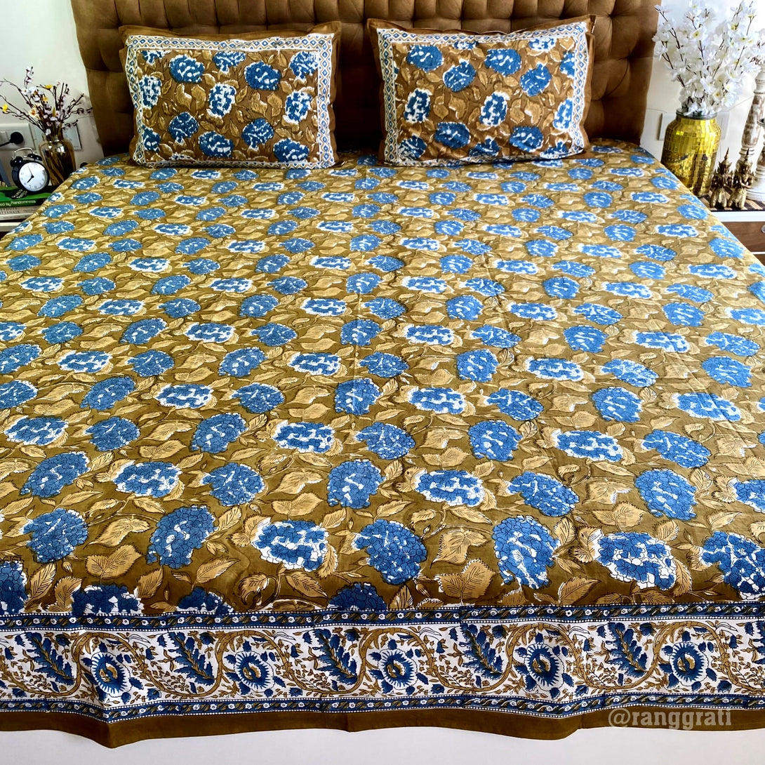 250 TC Olive Green Floral King Size Bedsheet Pure Cotton Hand Block