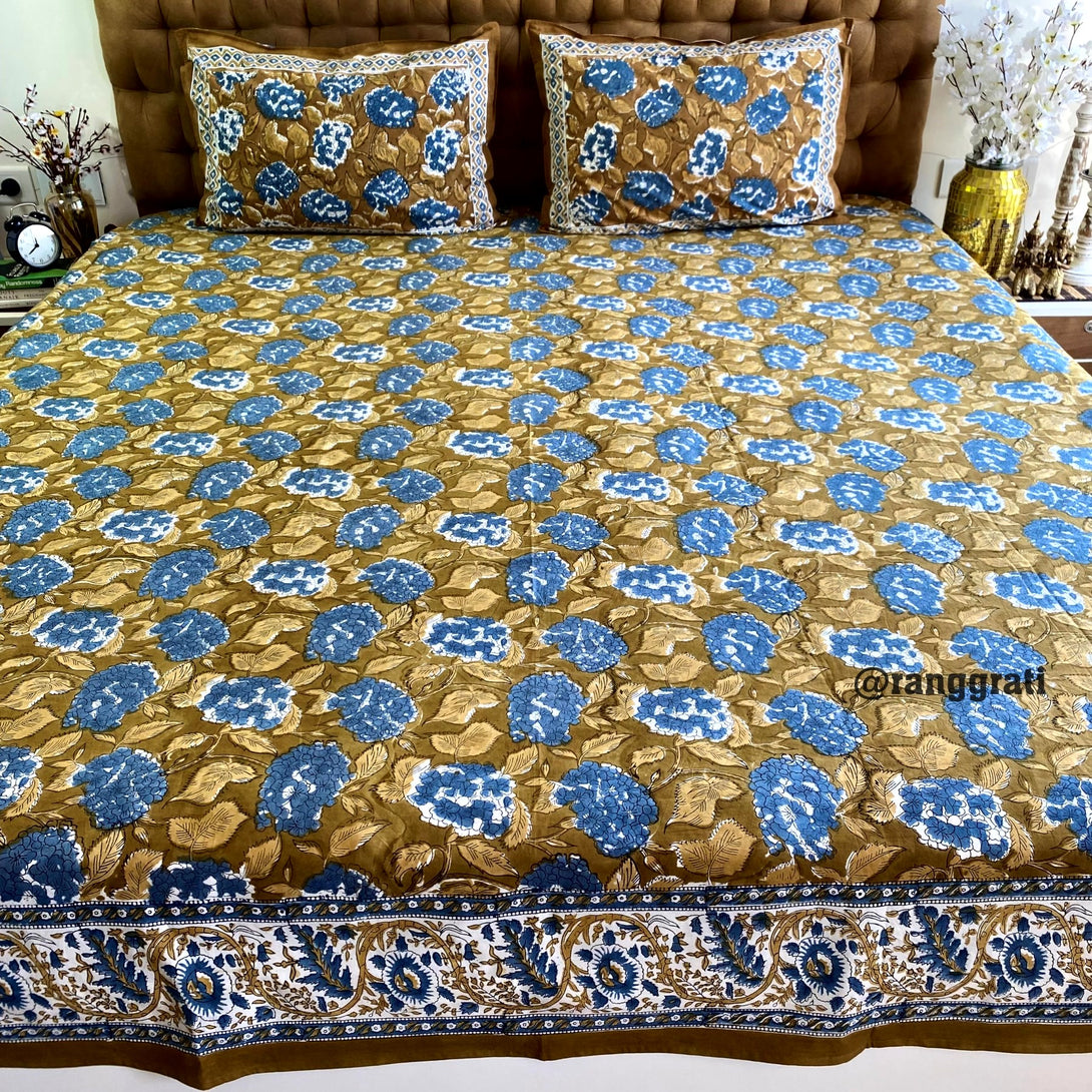 Olive Green Floral King Size 250 TC Bedsheet 