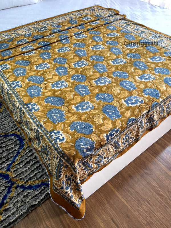 Olive Green Floral Dohar For Single Bed In Mulmul Cotton Reversible