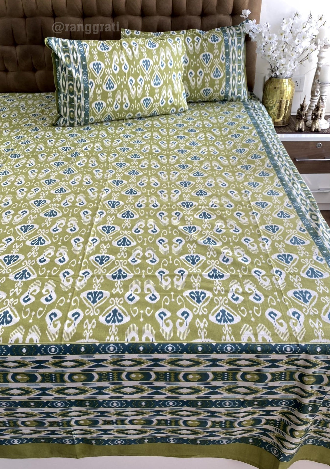 Olive Green Ikat Jaipuri Cotton Bedsheet Super King Size - Bedsheet