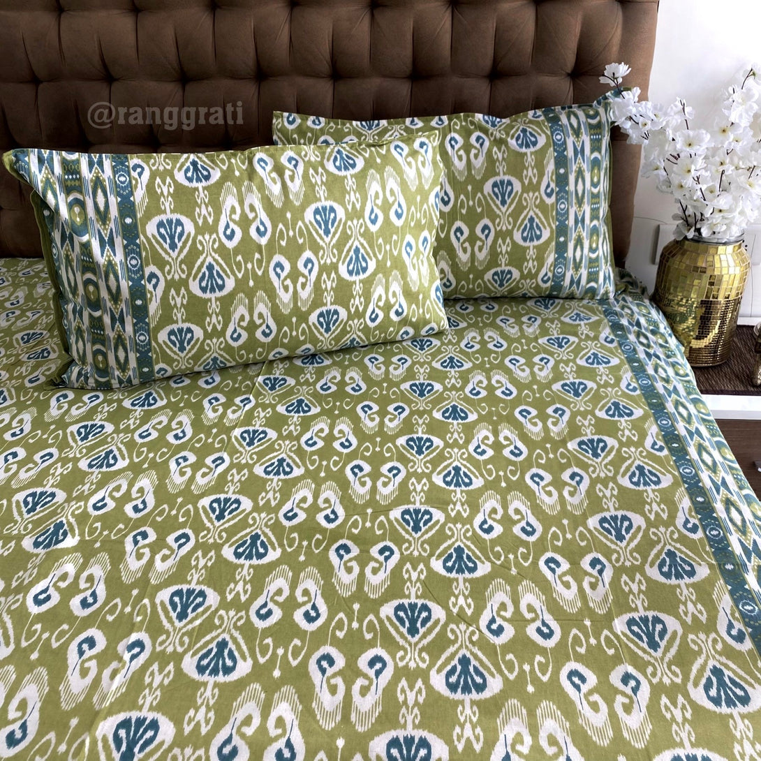 Olive Green Ikat Jaipuri Cotton Bedsheet Super King Size - Bedsheet