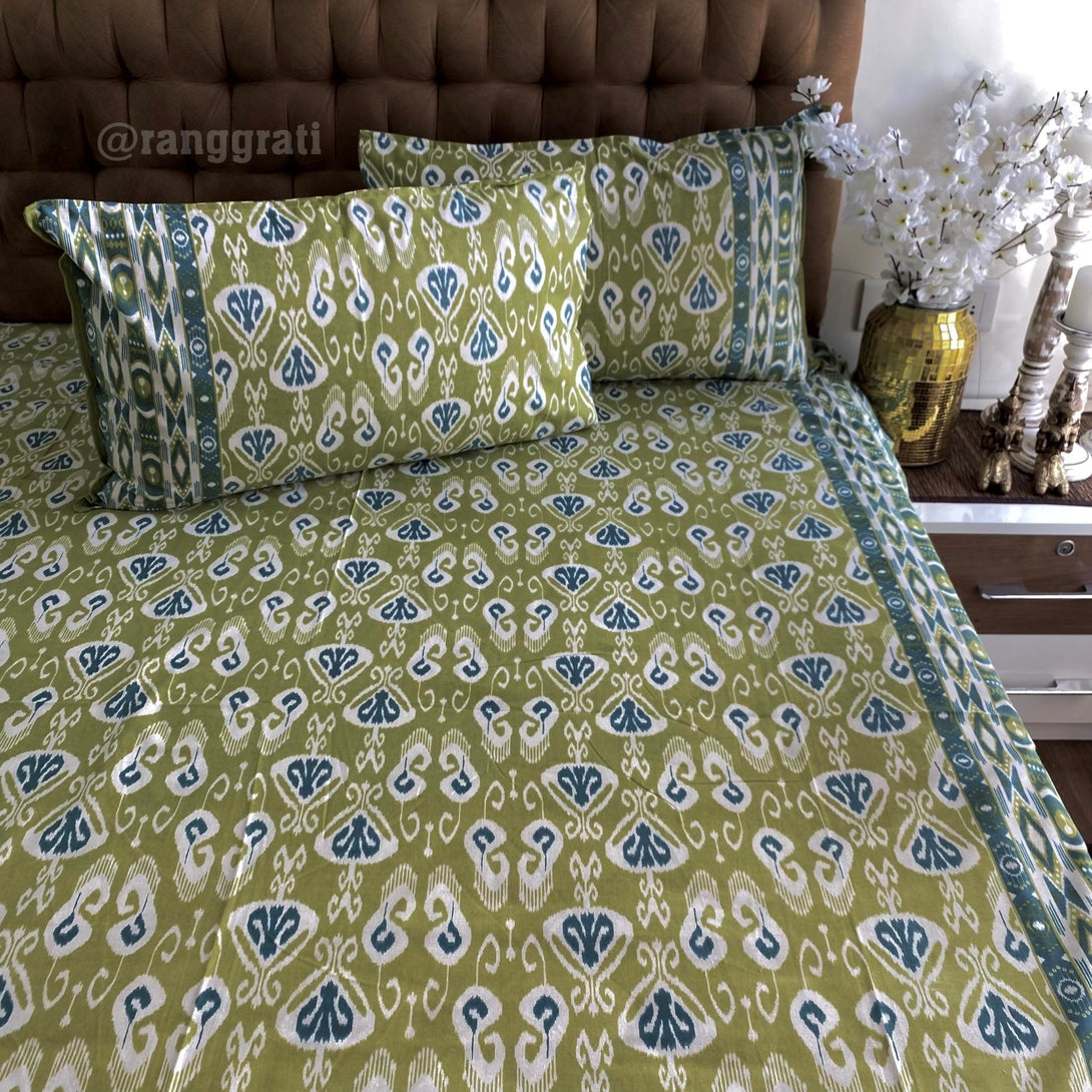 Olive Green Ikat Jaipuri Cotton Bedsheet Super King Size - Bedsheet