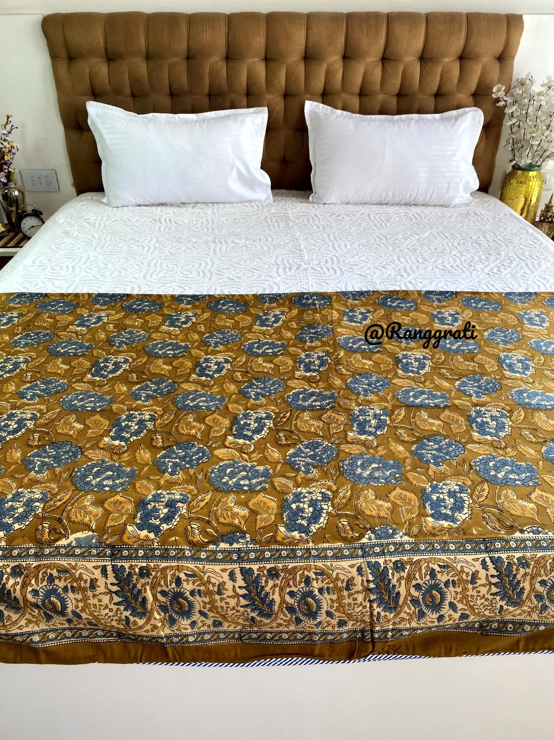 Olive Green Pure Cotton Dohar Blanket For Double Bed - Dohar