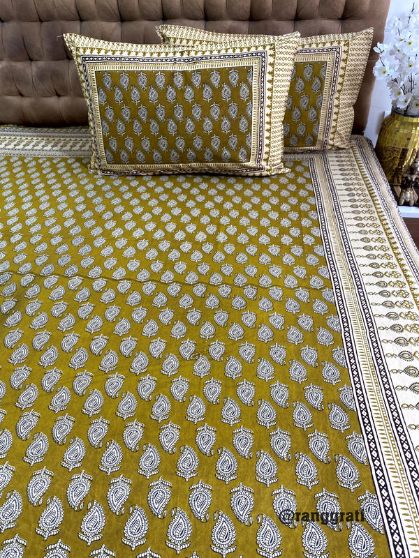 Olive Paisley Jaipuri Cotton Bedsheet King Size