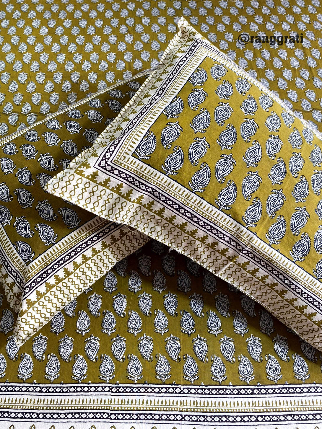 Olive Paisley Jaipuri Cotton Bedsheet King Size With Pillow Covers