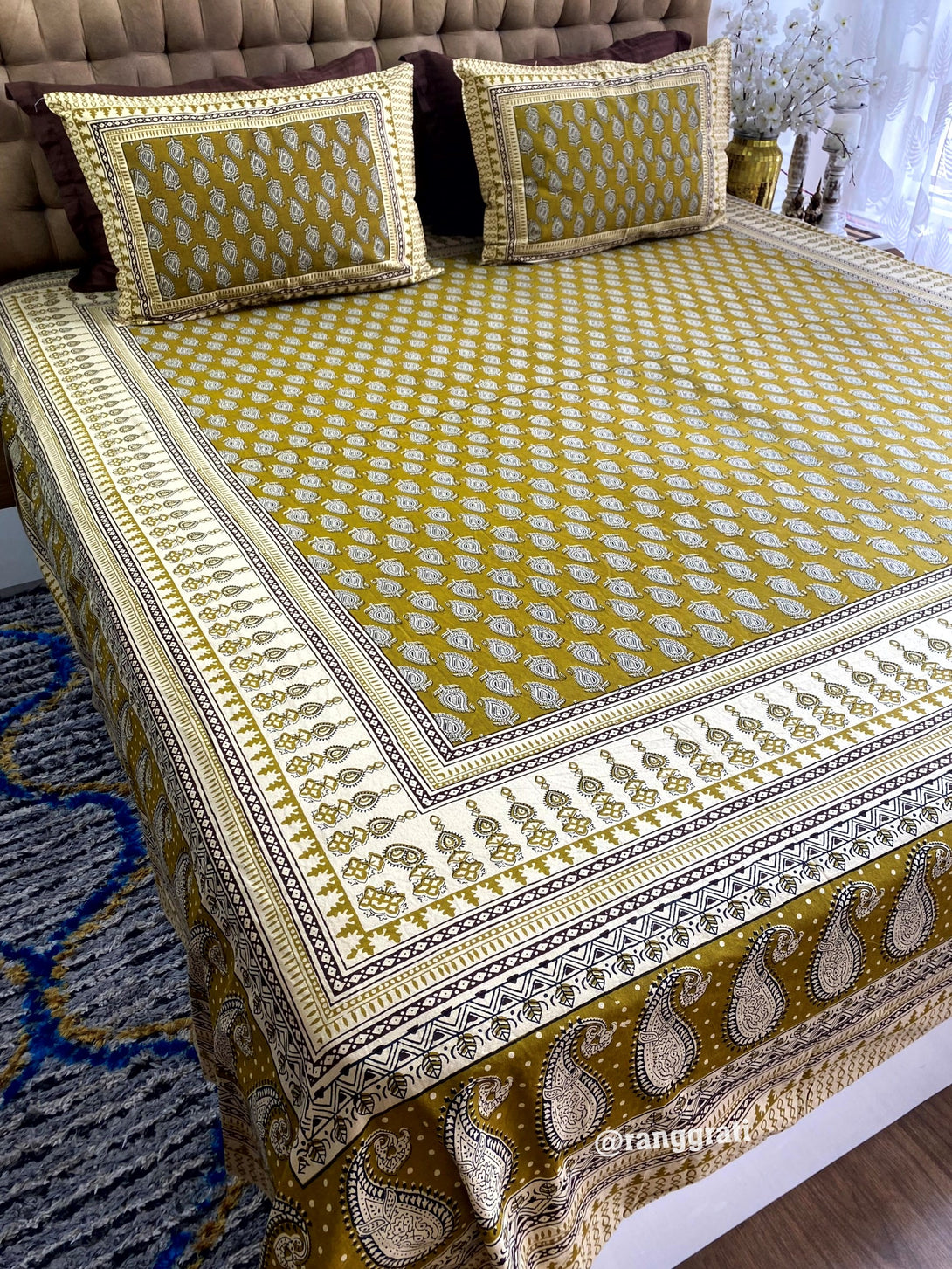 King Size Olive Paisley Jaipuri Cotton Bedsheet