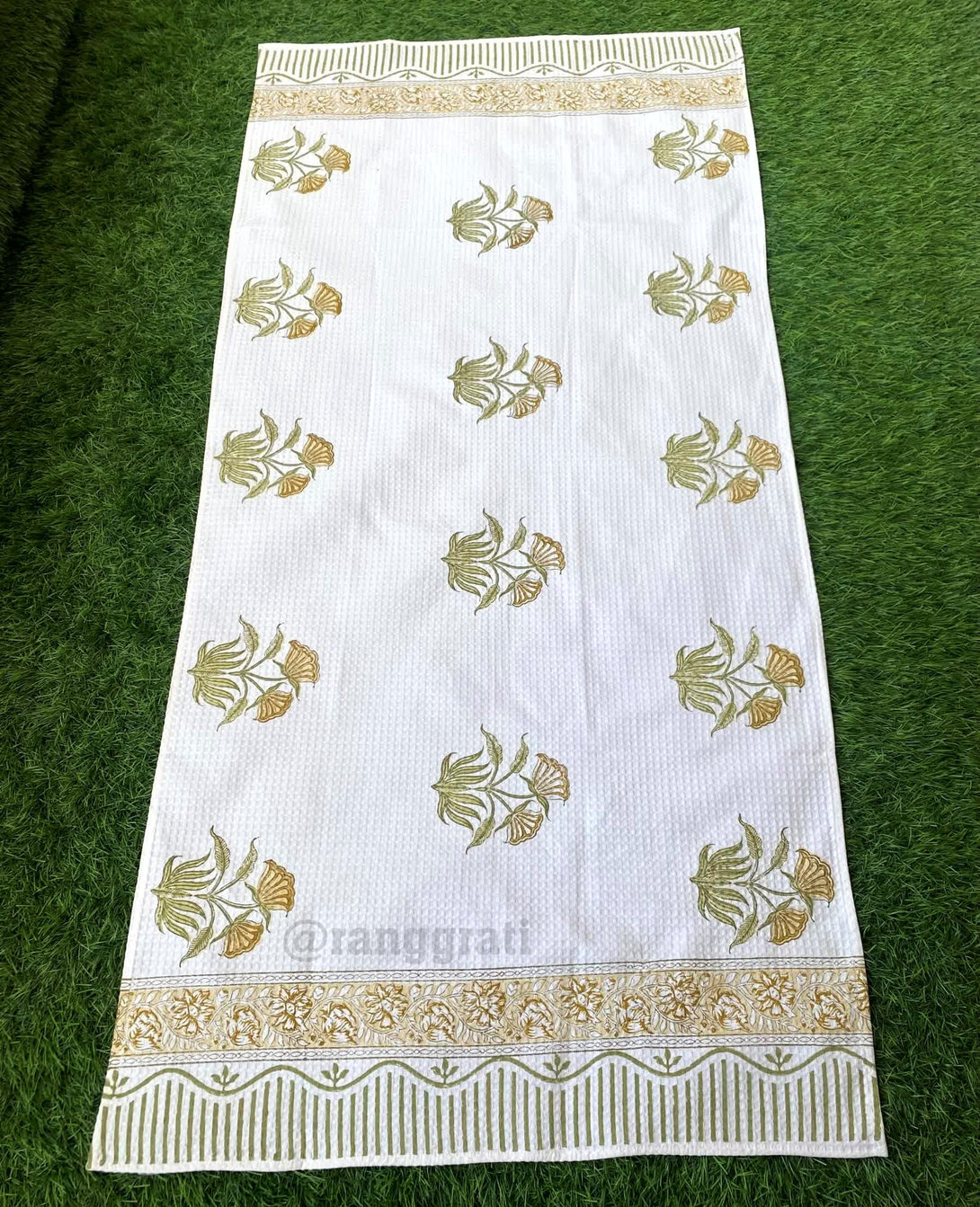 Olive Yelow Floral Body Towel Hand Block Printed Pure Cotton - Body Towel