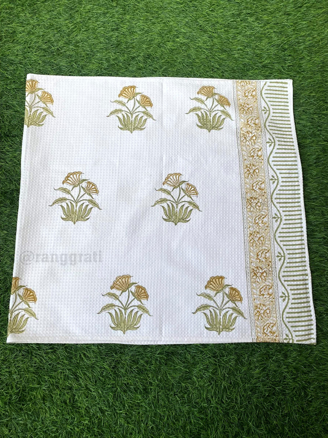 Olive Yelow Floral Body Towel Hand Block Printed Pure Cotton - Body Towel