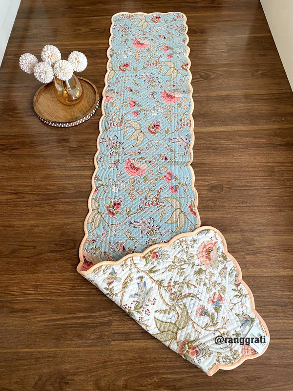 Orange Blue Floral Quilted Reversible Cotton Table Runner 6 Seater Dining Table - Table Runner
