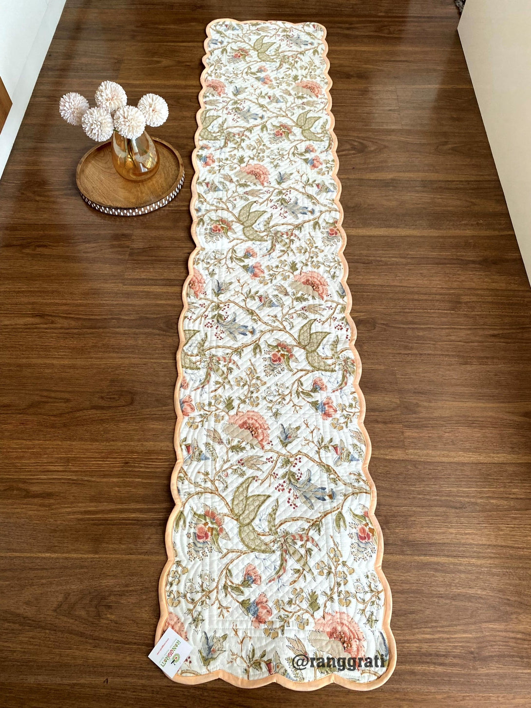 Orange Blue Floral Quilted Reversible Cotton Table Runner 6 Seater Dining Table - Table Runner
