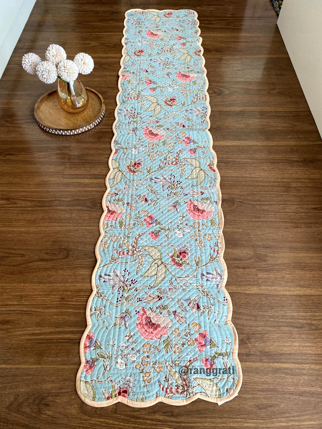 Orange Blue Floral Quilted Reversible Cotton Table Runner 6 Seater Dining Table - Table Runner