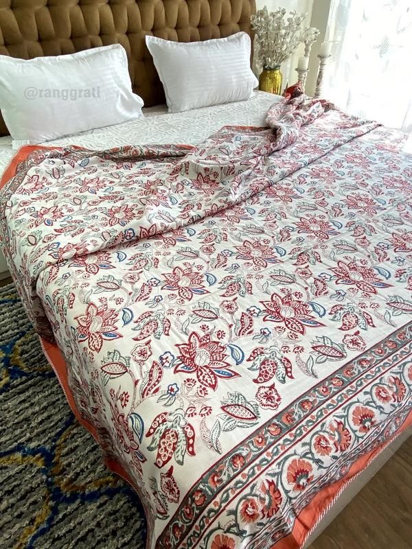 Orange Floral Double Dohar For Double Bed In Mulmul Cotton - Dohar