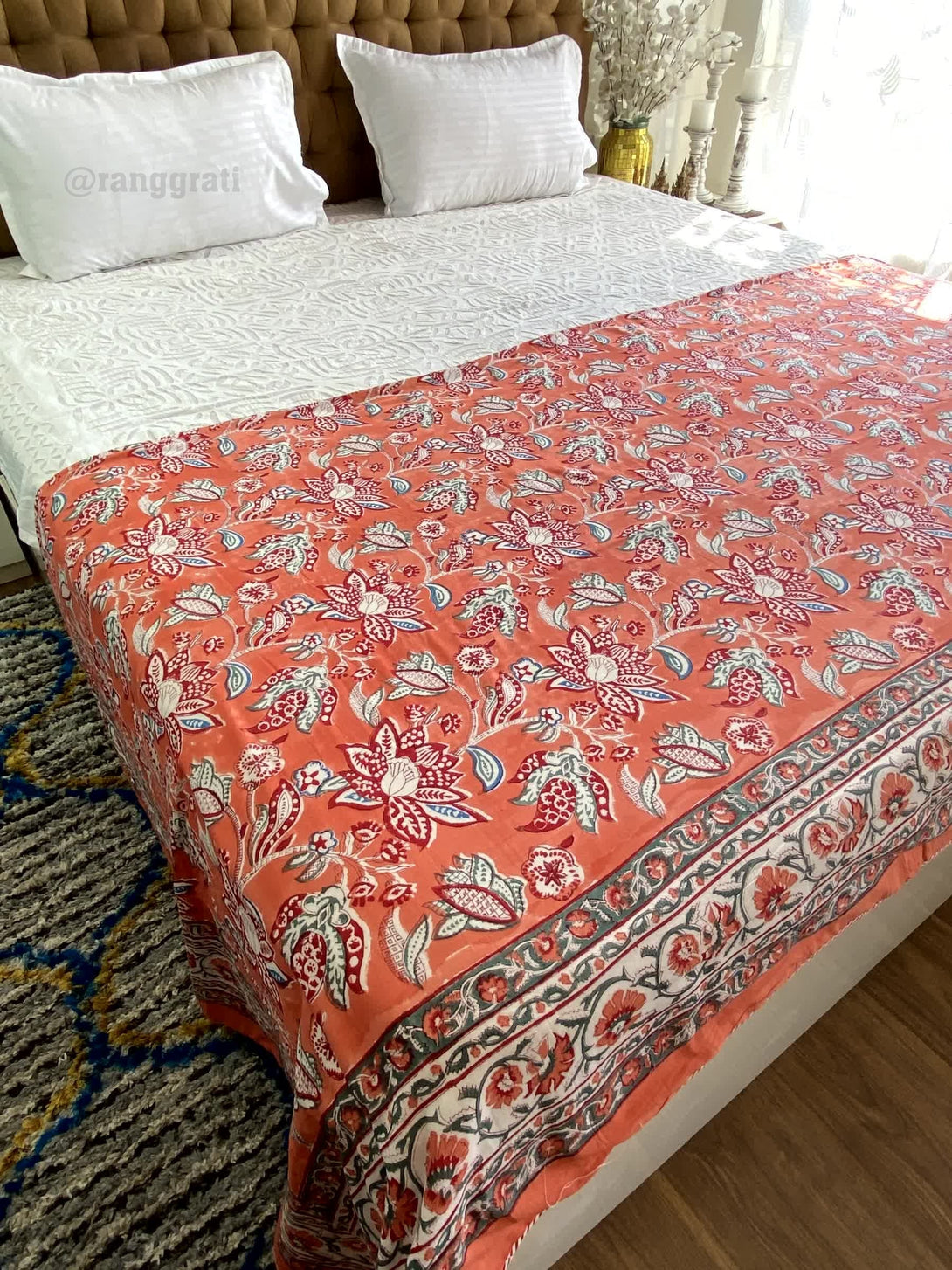Orange Floral Double Dohar For Double Bed In Mulmul Cotton - Dohar