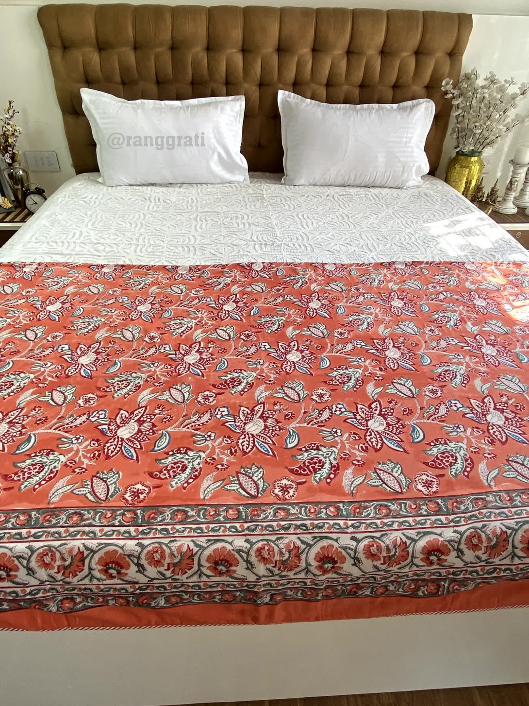 Orange Floral Double Dohar For Double Bed In Mulmul Cotton - Dohar