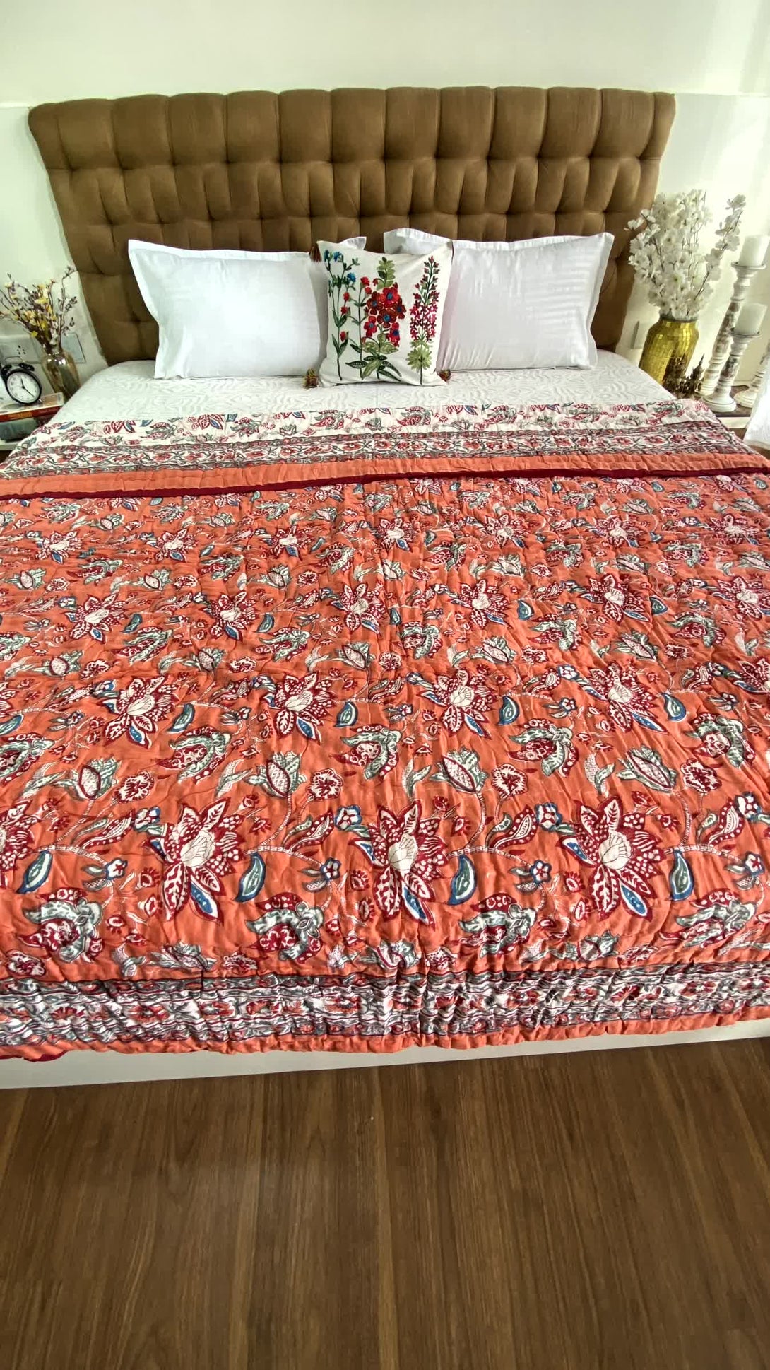 Orange Floral Double Quilt Razai Mulmul Cotton Reversible Hand Block Printed - Razai