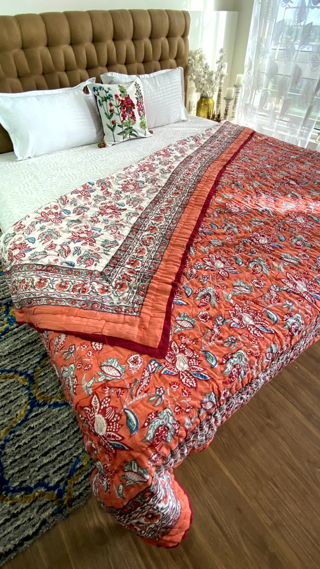 Orange Floral Double Quilt Razai Mulmul Cotton Reversible Hand Block Printed - Razai