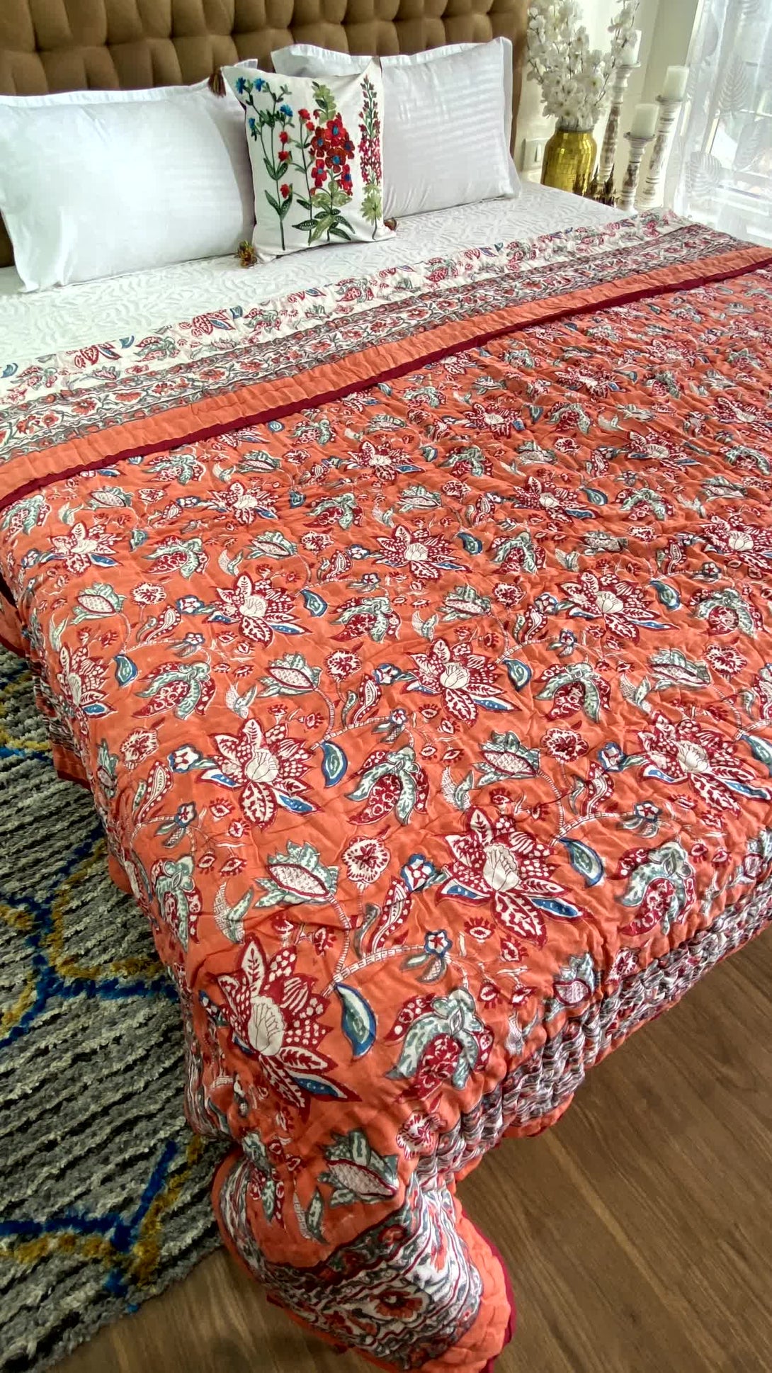 Orange Floral Double Quilt Razai Mulmul Cotton Reversible Hand Block Printed - Razai
