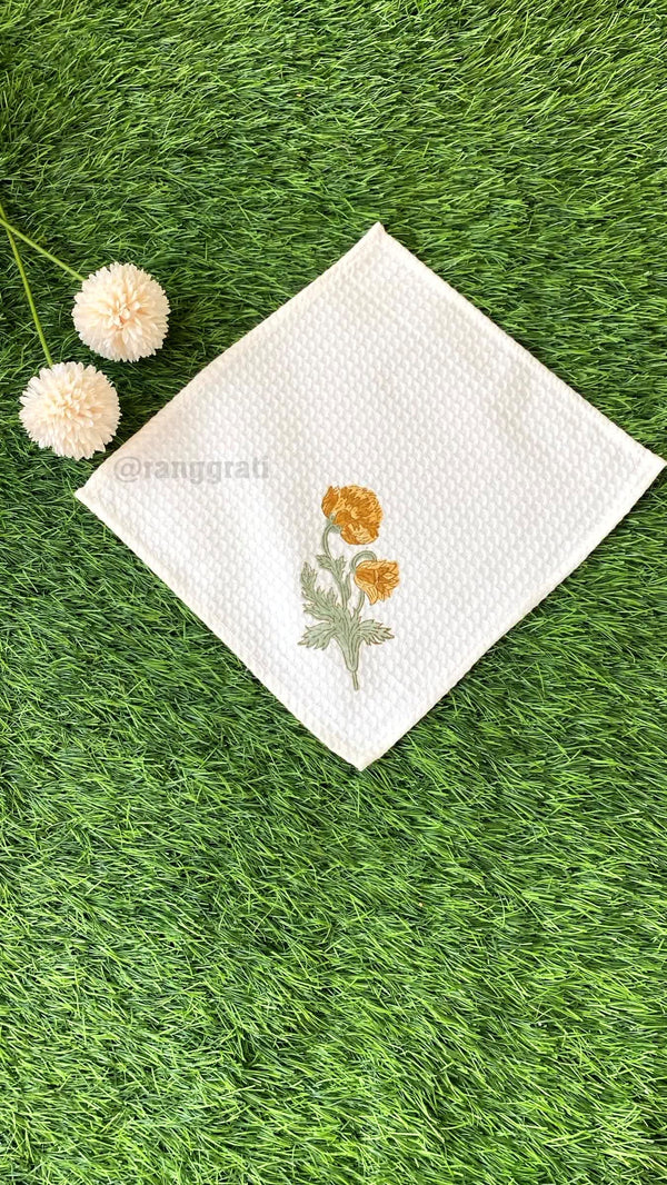 Orange Floral Face Towel Hand Block Printed Pure Cotton - Face Towel