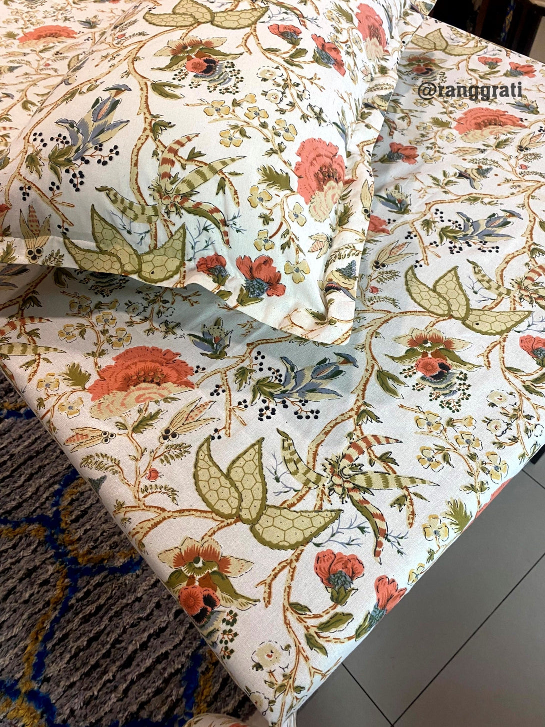 Orange Floral Jaipuri Cotton Bedsheet For Single Bed With Pillow - Bedsheet