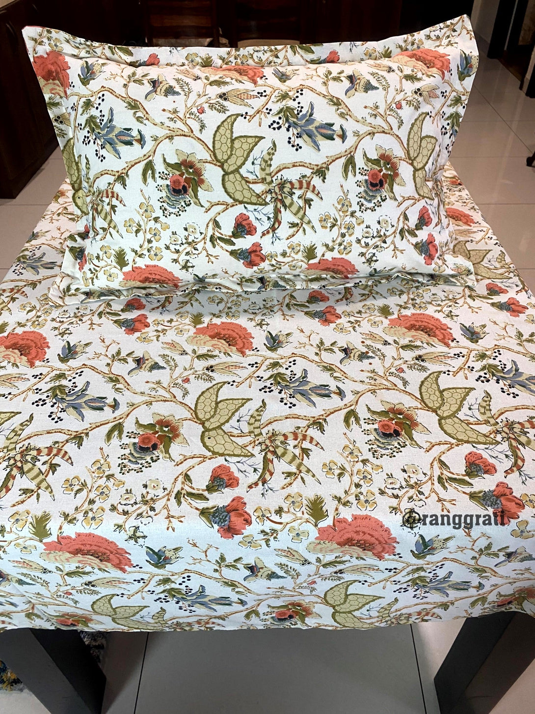 Orange Floral Jaipuri Cotton Bedsheet For Single Bed With Pillow - Bedsheet
