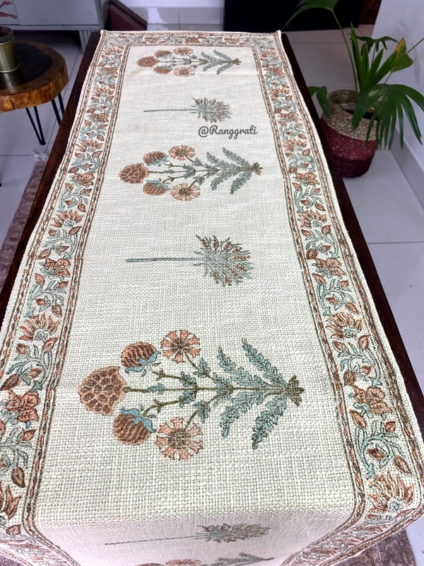 Orange Floral Jute Cotton Table Runner For 6 Seater Dining Table - Table Runner