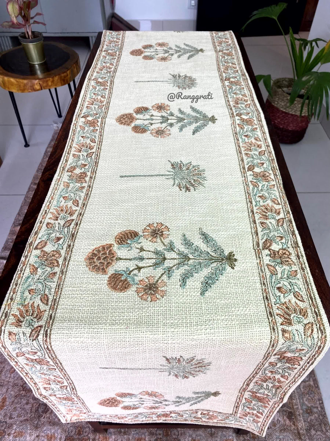 Orange Floral Jute Cotton Table Runner For 6 Seater Dining Table - Table Runner