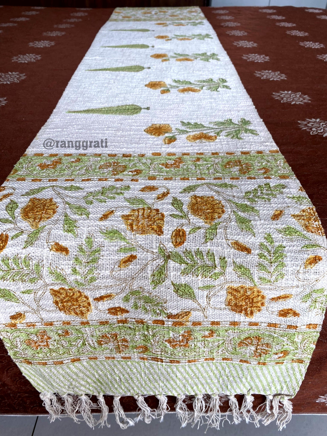Orange Floral Jute Cotton Table Runner For 6 Seater