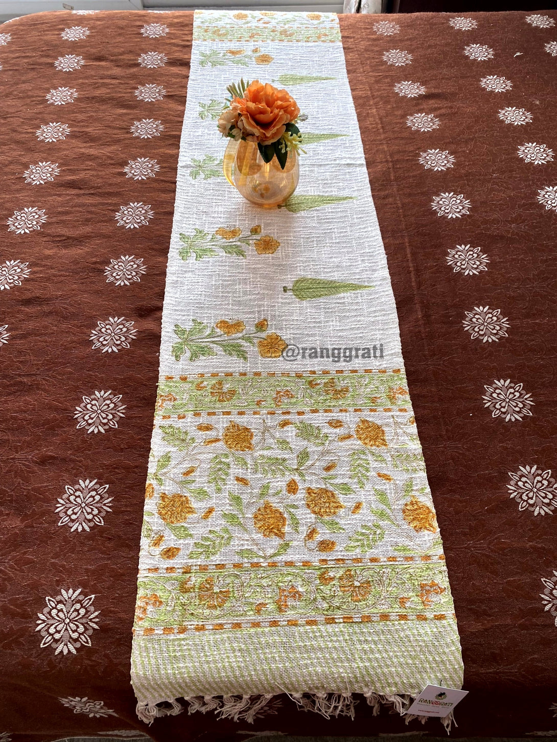 Orange Floral Jute Cotton Table Runner Hand Block Print For 6 Seater Dining Table
