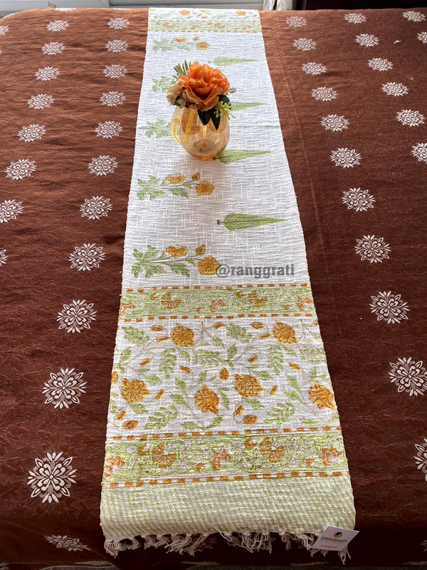 Orange Floral Jute Cotton Table Runner Hand Block Print For 6 Seater Dining Table
