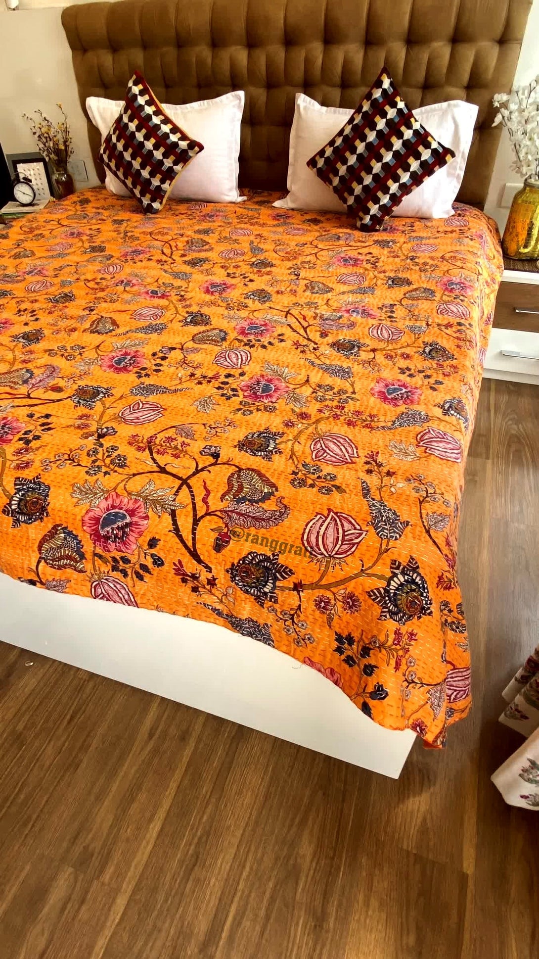 Orange Floral Kantha Bedcover For Double Bed King Size - Bedcover