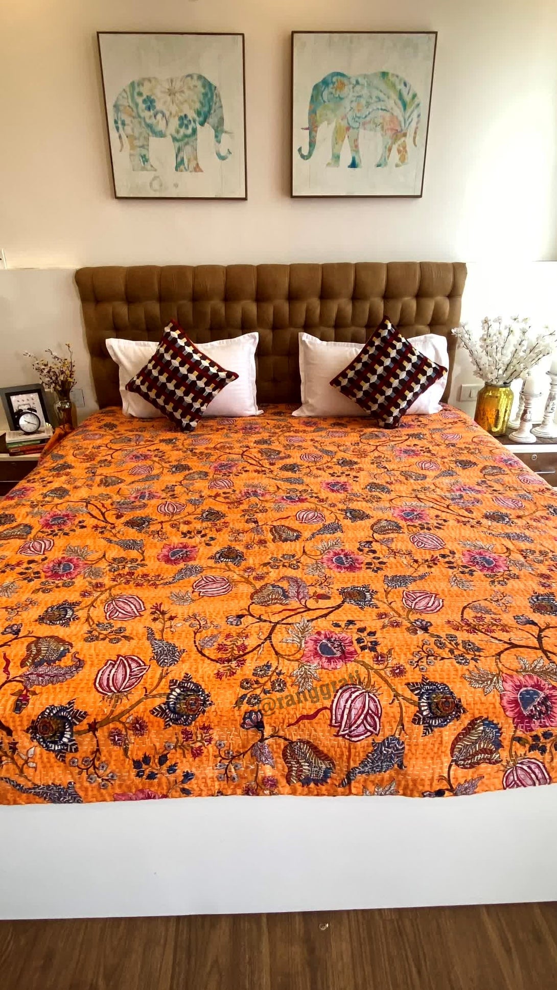 Orange Floral Kantha Bedcover For Double Bed King Size - Bedcover