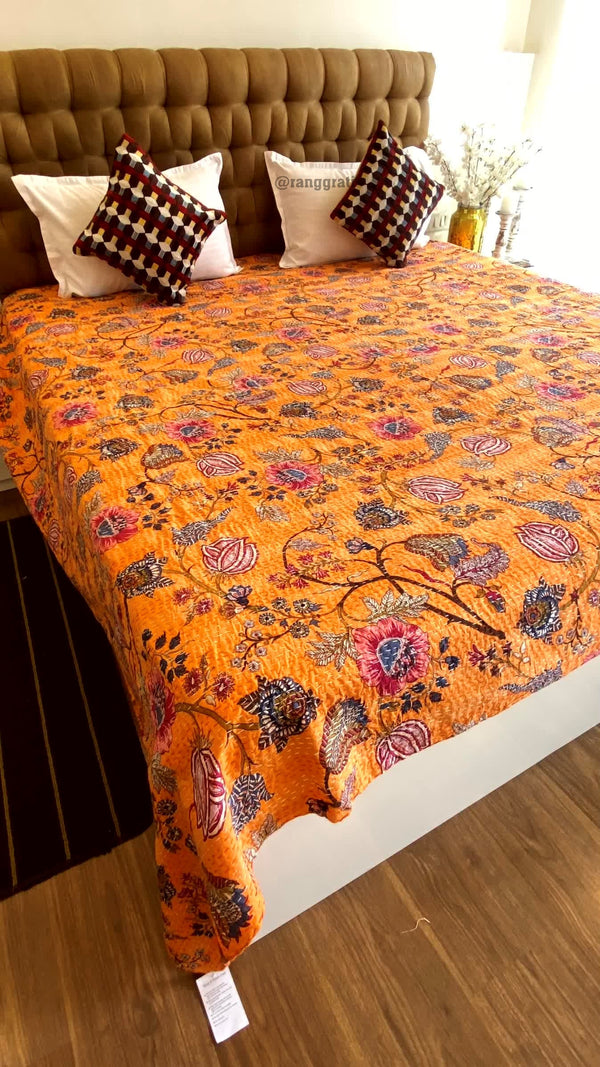 Orange Floral Kantha Bedcover For Double Bed King Size - Bedcover