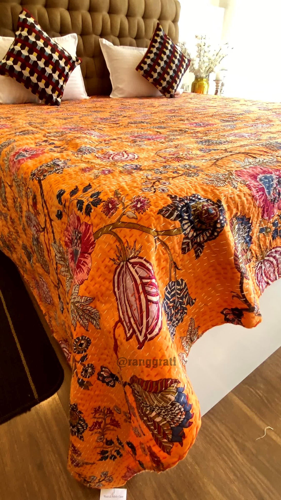 Orange Floral Kantha Bedcover For Double Bed King Size - Bedcover