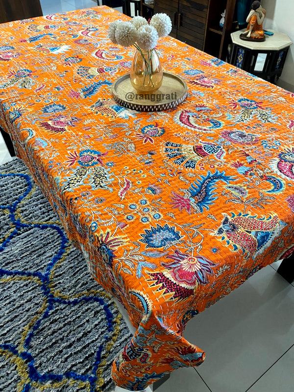 Orange Floral Table Cover Cloth 6 Seater Dining Table Kantha Rectangular