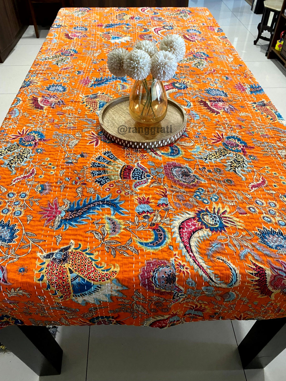 Orange Floral Table Cover Cloth 6 Seater