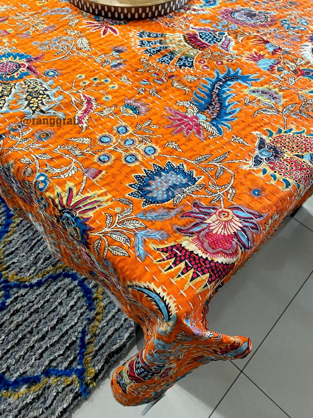 6 Seater Orange Floral Table Cover Cloth Kantha 